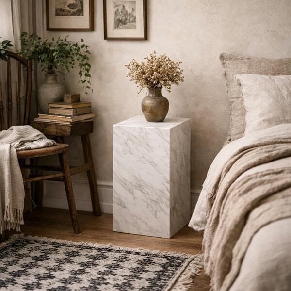 Wyld Haus Dingle White Marble Effect Small Pedestal Side table