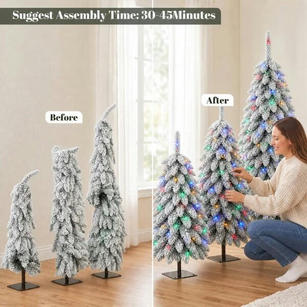 Bobobiy Artificial Christmas Tree Set of 3, Snowy Pre-Lit Christmas Tree with PVC Branch Tips, 90/120/150 cm, Green White