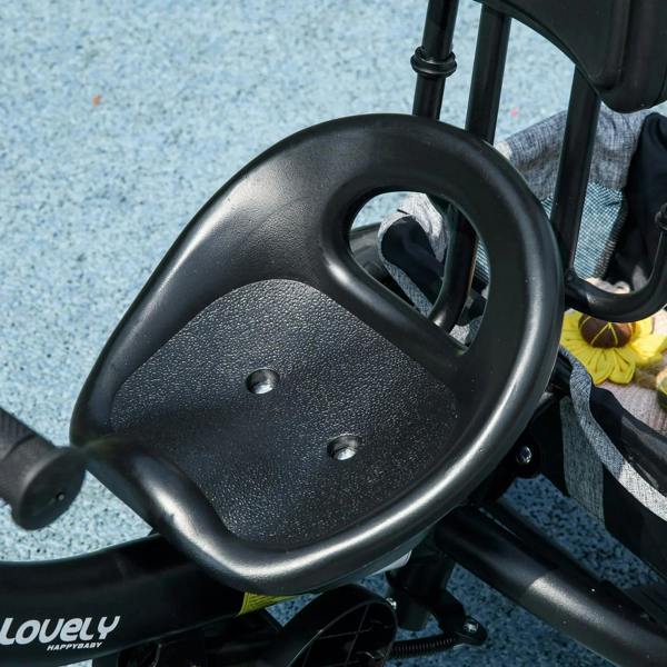 Grey kids push trike seat and front area close-up