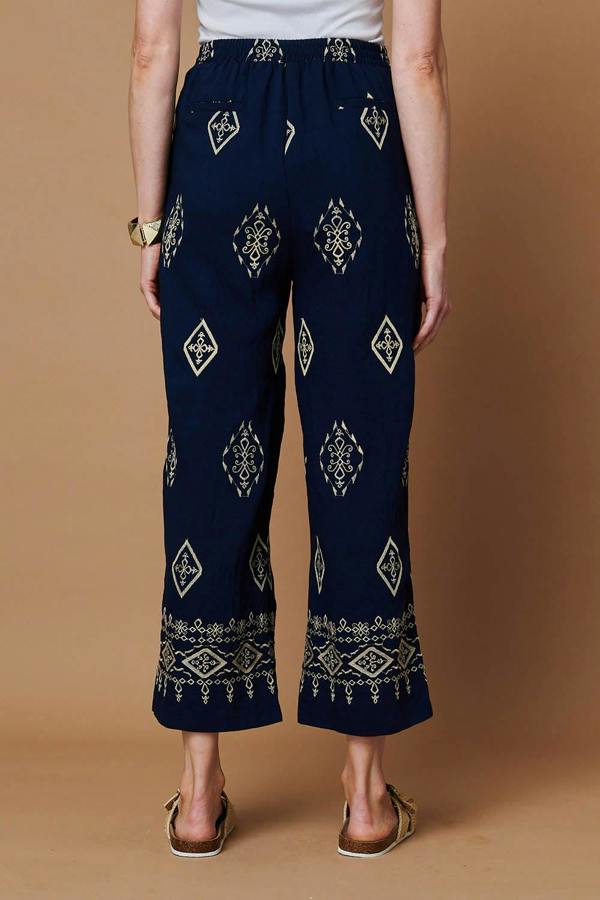 Navy | Border Printed High Waist Wide Trousers