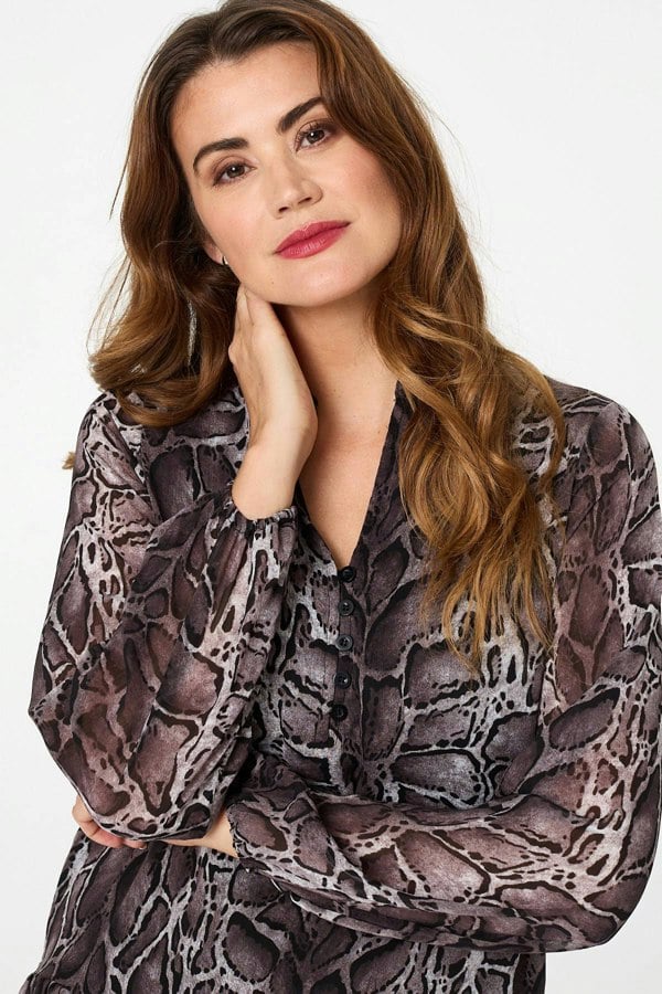 Black | Printed Long Sleeve Frilled Tunic Shirt
