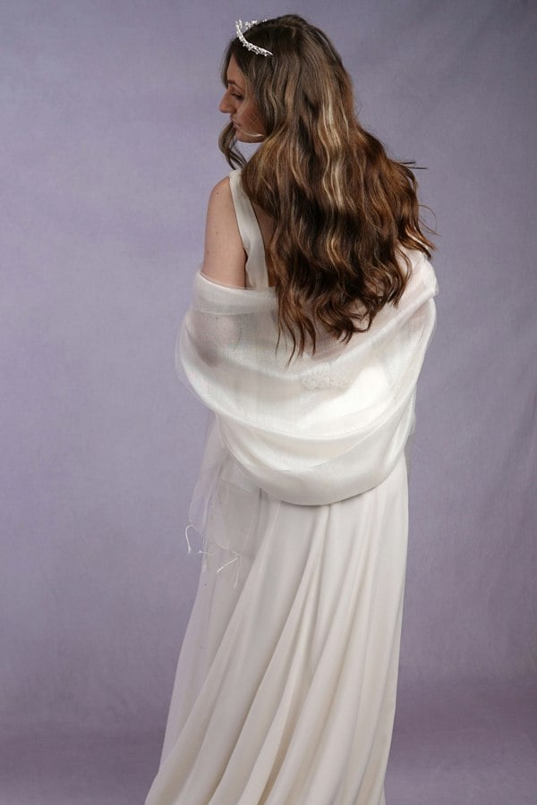 Antonia York Sophia Double Layered Organza and Crepe Silk/Viscose Ivory Cream Tasselled Bridal Bridesmaid Special Occasion Wrap Semi-Sheer Stole