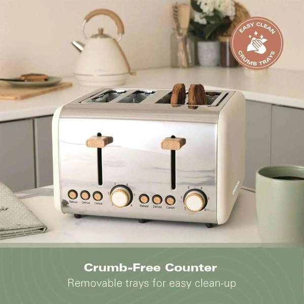 Hamilton Beach Scandi 4 Slice Toaster - Matte Cream with Wood Effect
