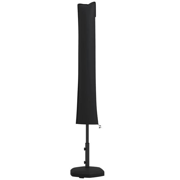 Black cantilever parasol cover with tall fabric panel and base tie cords