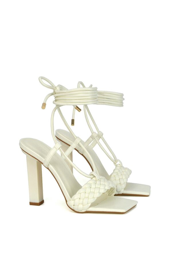 XY LONDON Woven Strap Lace Up Strappy Block Square Toe Heels