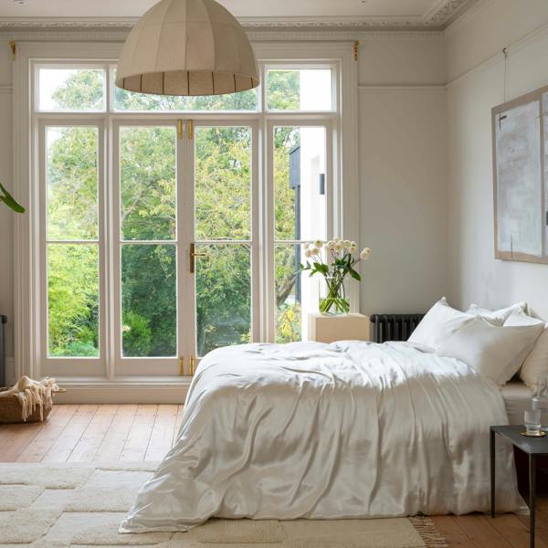 Ivory Mulberry Silk 30cm Standard Fitted Sheets in a styled bedroom 5 | Soak and Sleep