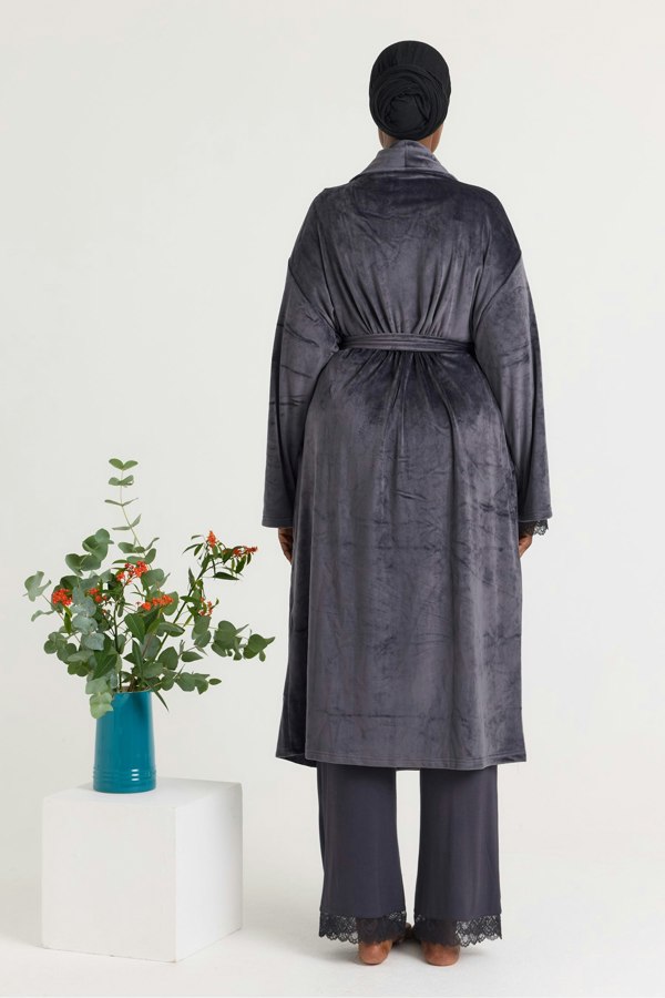 Velour Longline Dressing Gown in Raven - Robes