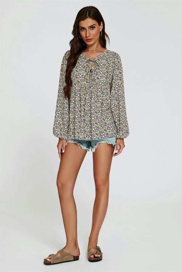 FS Collection Floral Print long sleeve Blouse Top In Purple