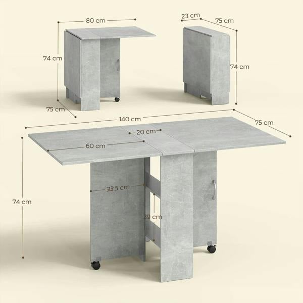 Grey folding dining table with drop leaves and two-tier shelf, shown with measurements