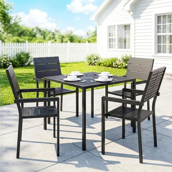 5 Pieces Garden Dining Set, Garden Table and Chairs Set for 4 with Square HDPE Table and Chairs with Armrests, Black