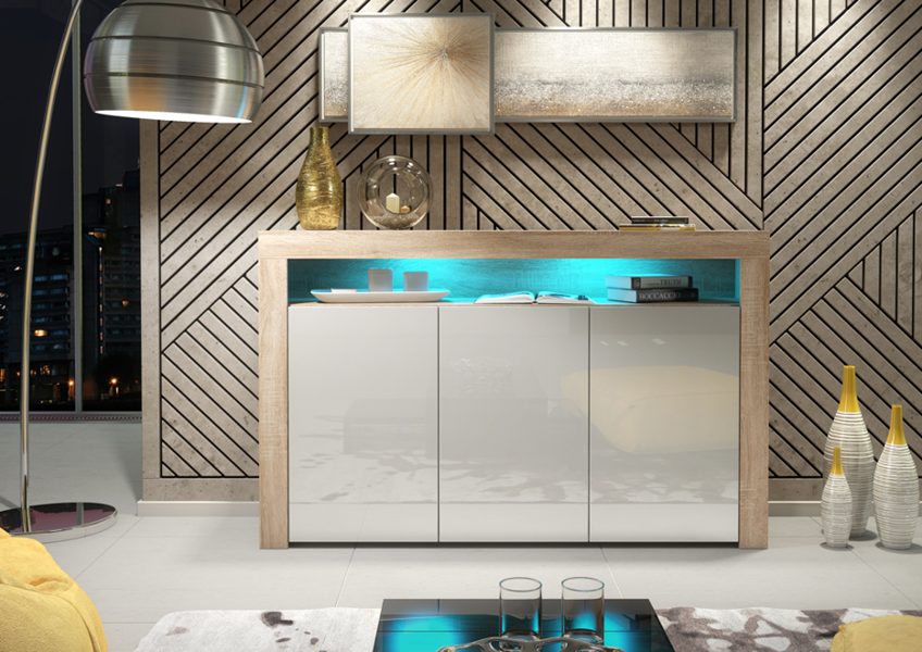 Mex Furniture 155cm Sideboard TV Stand Cupboard Cabinet - White High Gloss Doors & Free LED