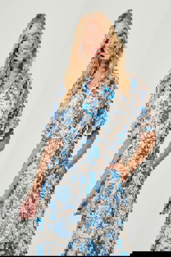 Blue | Floral Lace Trim Tie Waist Midi Dress
