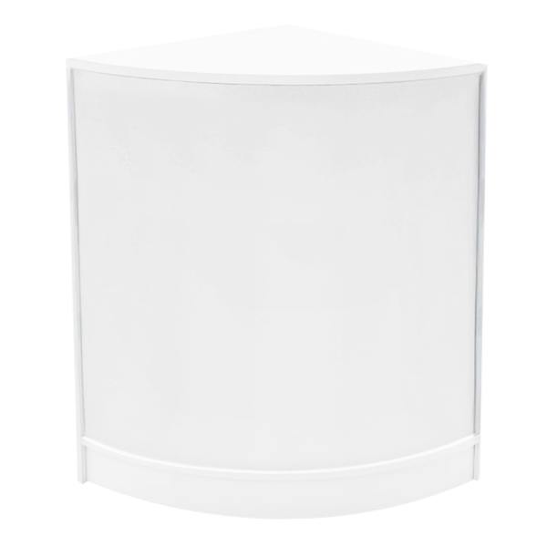 Curved white LED shop counter with a sleek design, ideal for retail displays, featuring a smooth surface and modern aesthetic