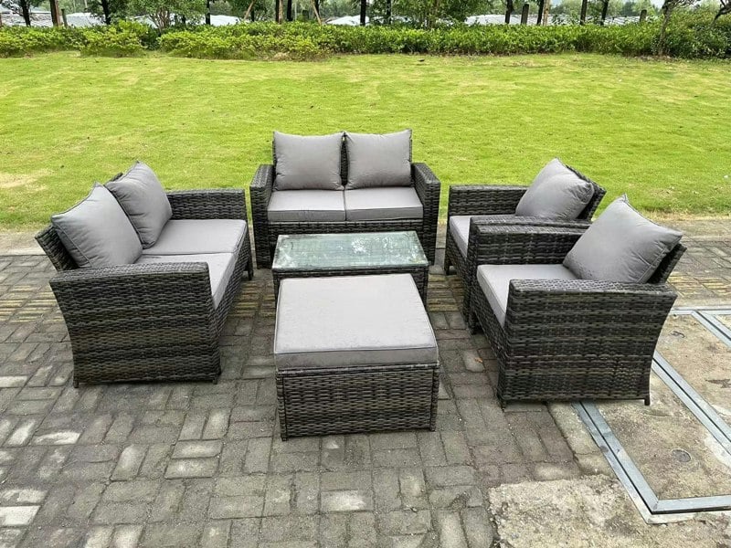 Fimous 7 Seater Dark Grey Mixed High Back Rattan Sofa Set Rectangular Coffee Table Garden Furniture Outdoor Patio