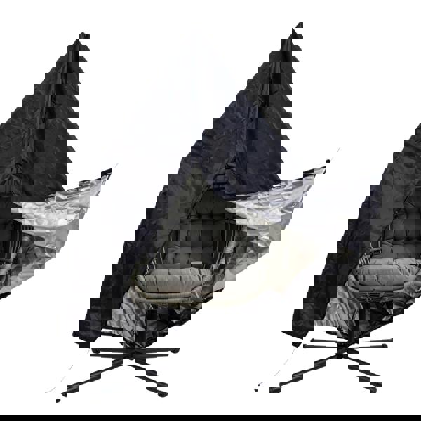 Grey rattan hanging egg chair with plush cushions, featuring a sleek black cover and a sturdy metal base for stability