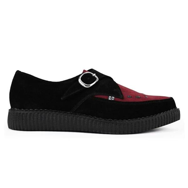 TUK Footwear TUK Pointed Creeper Black Burgundy Suede Monk Buckle Platform Shoes - A9592