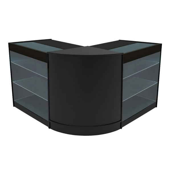 Black Helios LED shop counter set with sleek curved design, glass shelves, and modern finish, ideal for retail displays