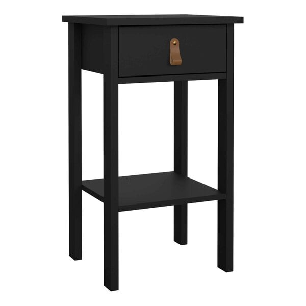 Wyld Haus Wildberry Matt Black Wooden Bedside Table with 1 Drawer Bottom Shelf Leather Handles
