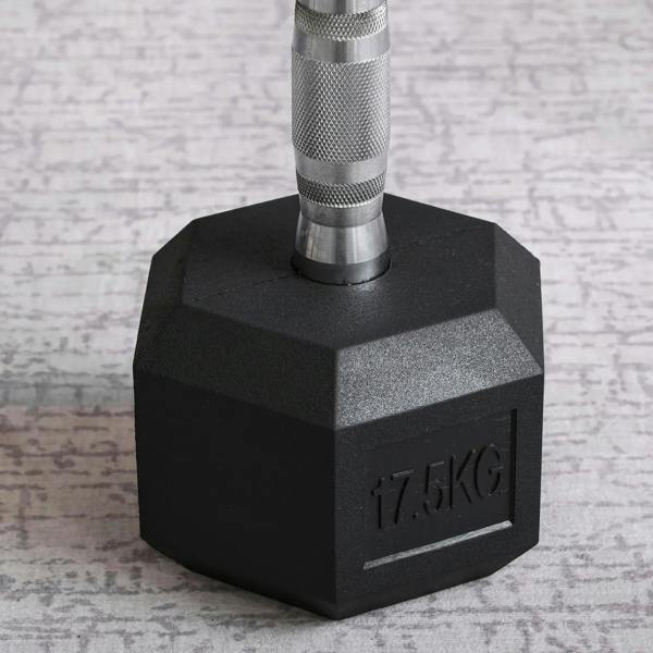Black hex rubber dumbbell with textured rubber base and knurled handle
