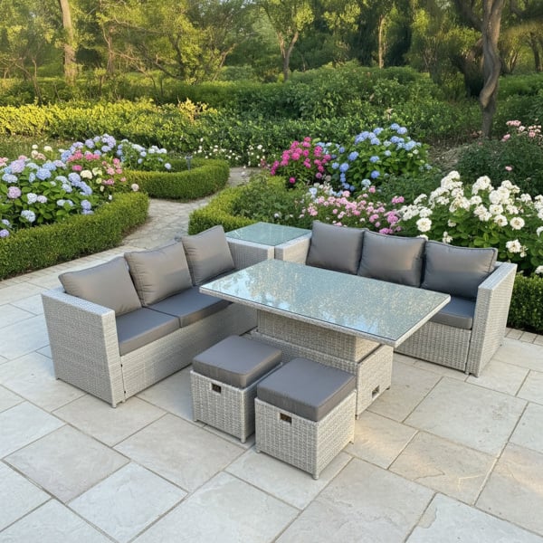 Fimous 8 Seater Rattan Garden Furniture Set with Adjustable Rising Table, 2 Sofas, Side Table & 2 Footstools - Light Grey