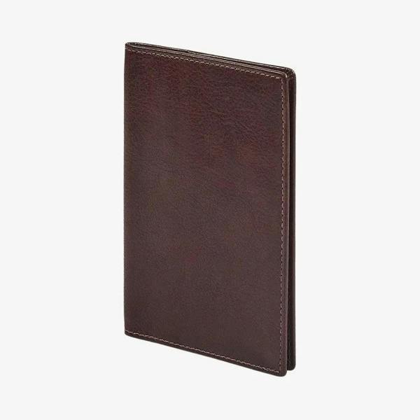 Front view of Brown leather passport holder on a white background