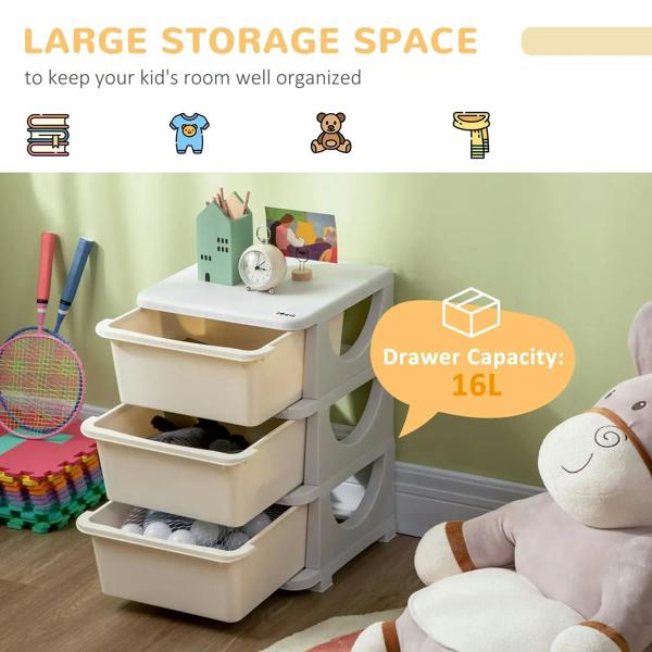 Three-tier kids storage organizer with cream drawers for bedroom or playroom