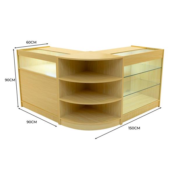 Maple LED shop counter set featuring a modern design with curved edges, glass display shelves, and ample storage space