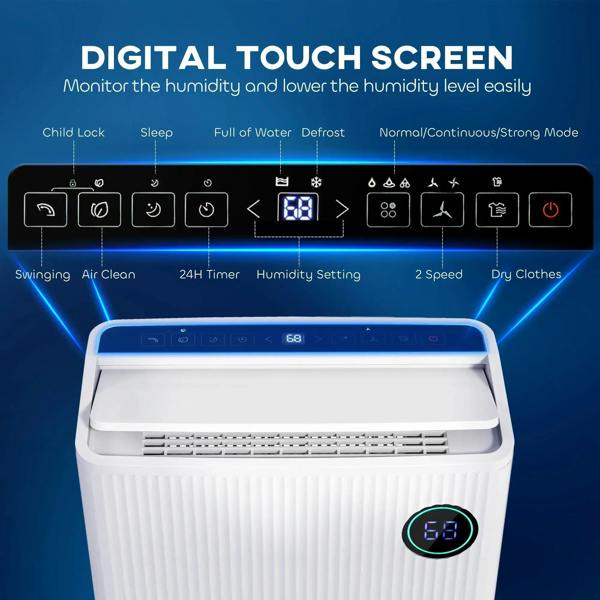 White dehumidifier with digital touch control panel and front LED humidity display