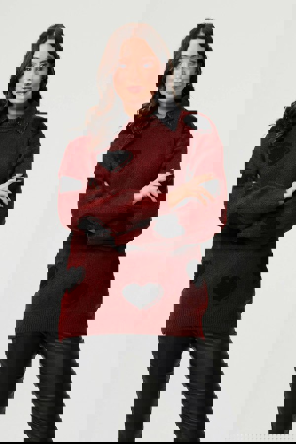 Burgundy | Heart Print Denim Trim Collar Jumper
