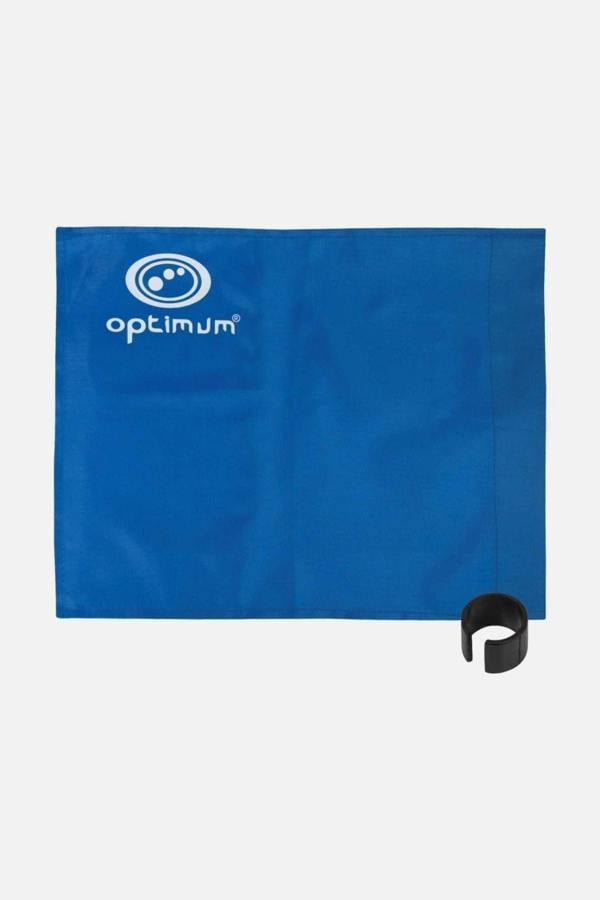 Blue Optimum corner flag with white logo and single black clip collar on white - Optimum