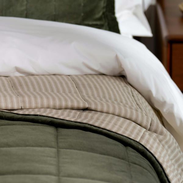 Olive Green Velvet Cotton Quilted Bedspreads - stripe, bedroom detail 2 | Soak and Sleep