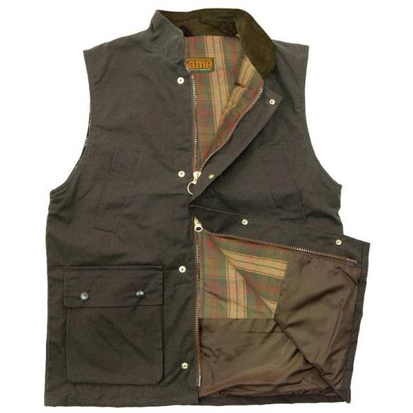 Game Wax Gilet in Brown with Tartan Lining