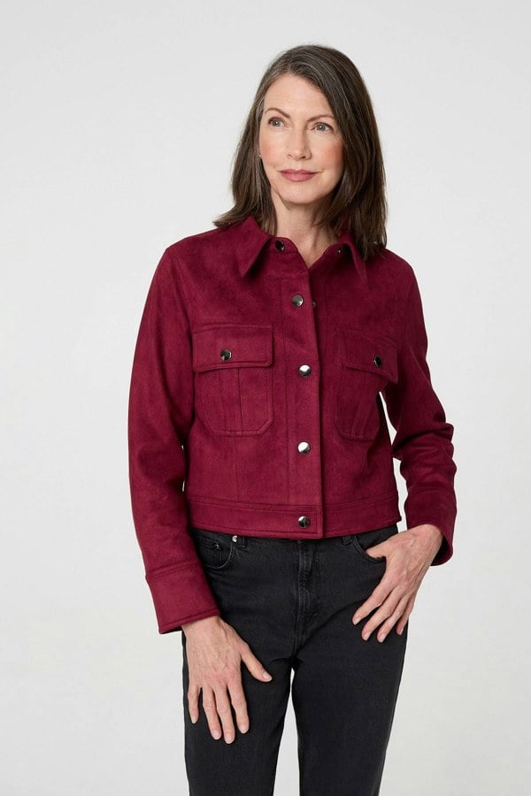Burgundy | Faux Suede Cropped Collared Jacket

