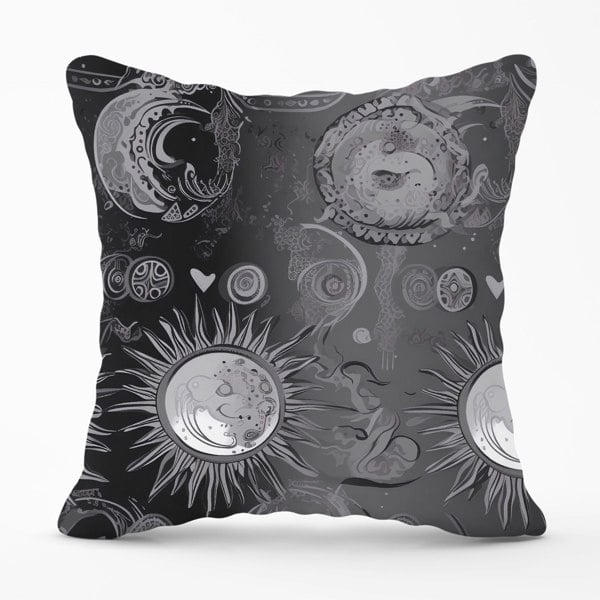 Warren Reed Black Grey Abstract Sun and Moon Cushions