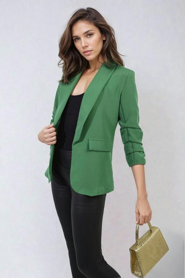 Valerie Ruched Sleeve Open Front Blazer Jacket With Front Pockets - Green
