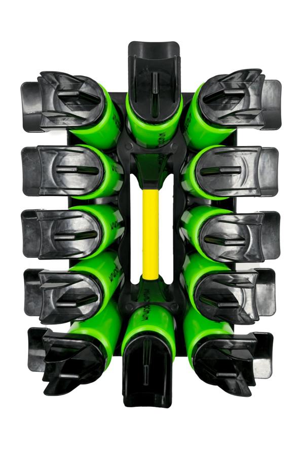 Top-down black Optimum carrier holding twelve green water bottles around yellow grip - Optimum