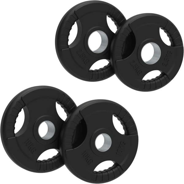 25kg bundle of Olympic tri-grip rubber weight plates in black, featuring textured surfaces and ergonomic grips for easy handling