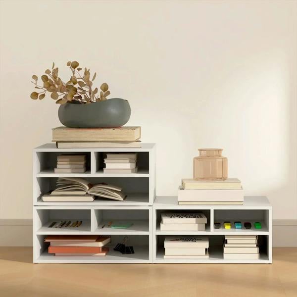 White three-compartment storage cabinet with open cubbies for books and files