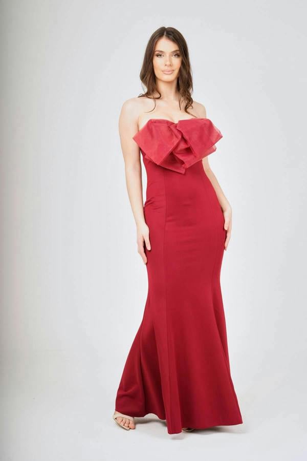 LuvForever Wine Off- Shoulder Bow-Tie Maxi Dress