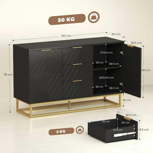 Sideboard with 3 Drawers and Adjustable Shelves for Living Room - Black
