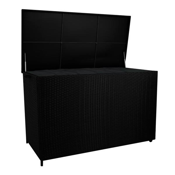 Stylish black rattan cushion storage box with a spacious interior and a hinged lid, perfect for outdoor or indoor organization