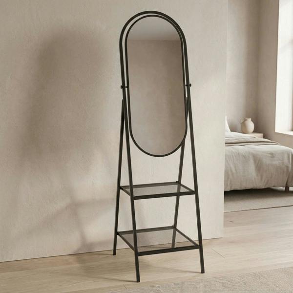 Garden Greatness Tall Black Free-Standing Oval Mirror with Shelves