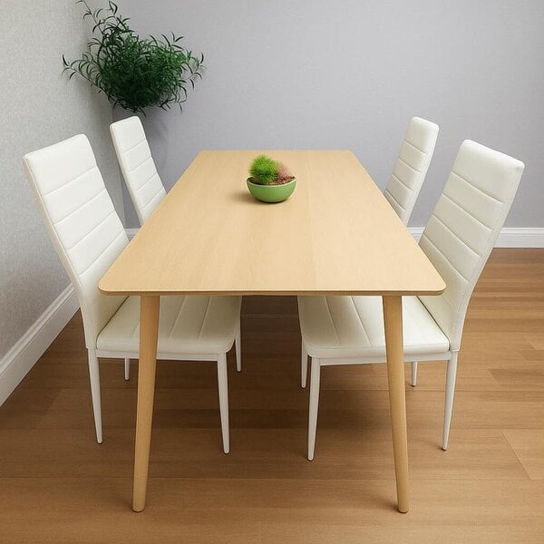 Kosy Koala Modern Rectangle Wood Effect Dining Table Set With 4 White Faux Leather Chairs Dining Room Furniture
