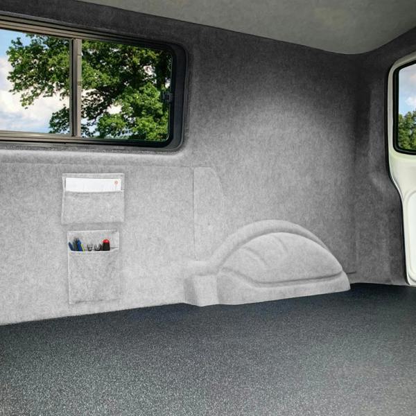 Silver grey storage pouches with a soft texture, neatly organized in a vehicle's interior, enhancing functionality and style