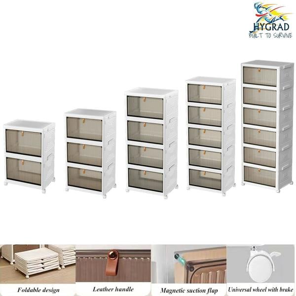 HYGRAD BUILT TO SURVIVE Foldable White Plastic Shoe Box 2/3/4/5/6 Tier Stackable Storage Cabinet-Rolling Storage Organizer Containers With Lid