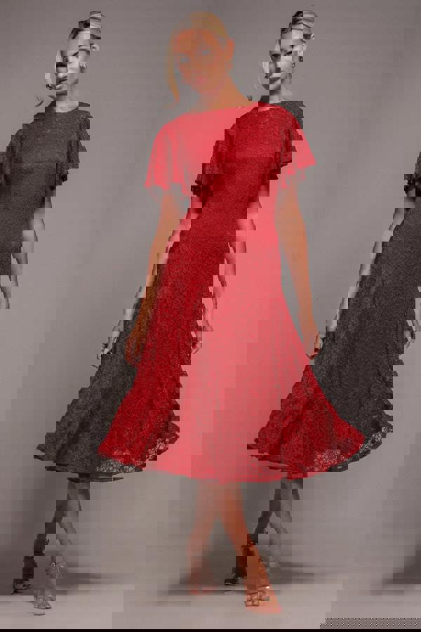 Flutter Sleeve Lace A-Line Midi Dress - Red DR4498