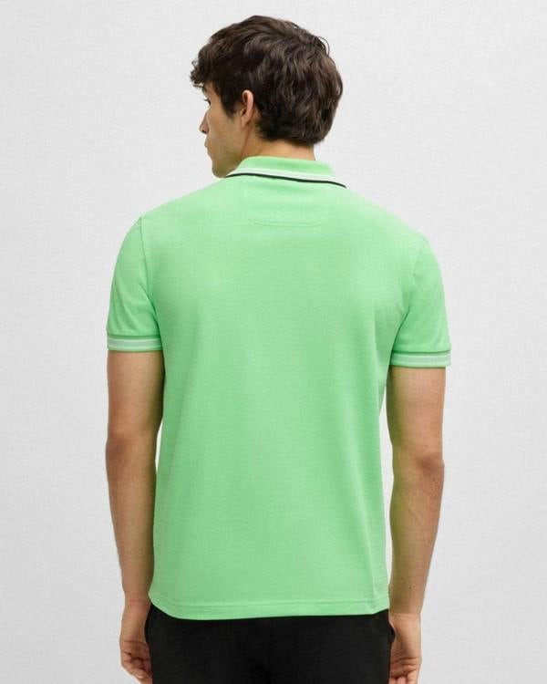 BOSS Green Paddy Mens Cotton-Piqué Polo Shirt with Contrast Logo - Medium Green 319 - CHO - Designer Mens Short Sleeve Polo Shirts