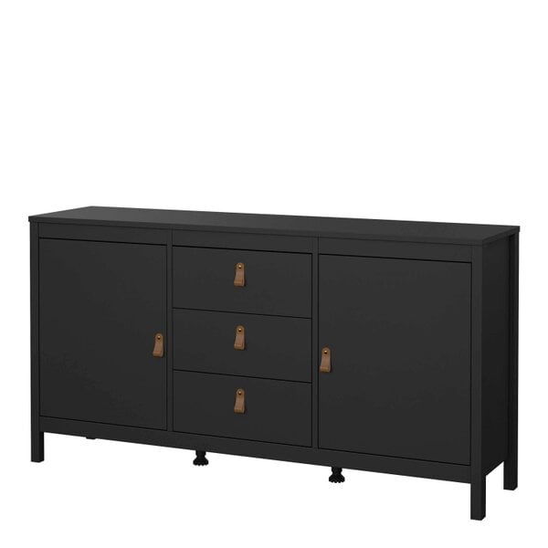 Wyld Haus Wildberry Matt Black Wooden Sideboard 2 Doors 3 Drawers Leather Handles