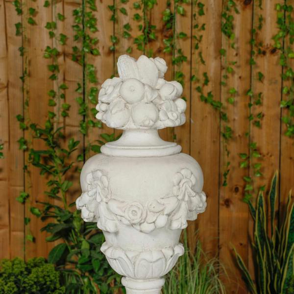 Very Large White Stone Cast Fruit Design Finial And Plinth Set 