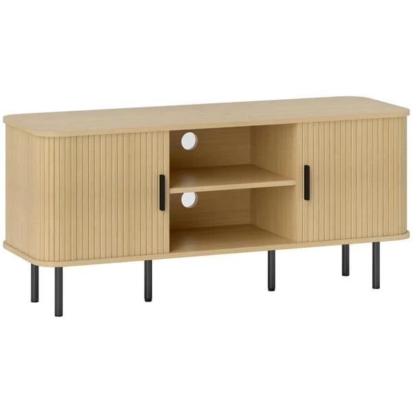 Oak-tone TV stand cabinet with two-door storage and interior shelves, black legs.